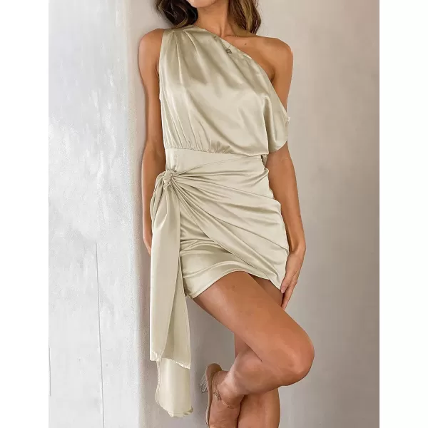 imageZESICA Womens 2024 Sexy Satin One Shoulder Sleeveless Ruched Tie Waist Wrap Bodycon Cocktail Party Mini DressChampagne