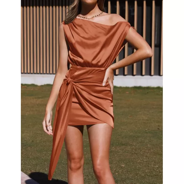 imageZESICA Womens 2024 Sexy Satin One Shoulder Sleeveless Ruched Tie Waist Wrap Bodycon Cocktail Party Mini DressOrange Red