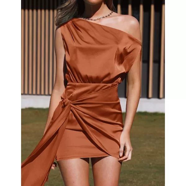 imageZESICA Womens 2024 Sexy Satin One Shoulder Sleeveless Ruched Tie Waist Wrap Bodycon Cocktail Party Mini DressOrange Red