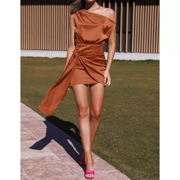 imageZESICA Womens 2024 Sexy Satin One Shoulder Sleeveless Ruched Tie Waist Wrap Bodycon Cocktail Party Mini DressOrange Red