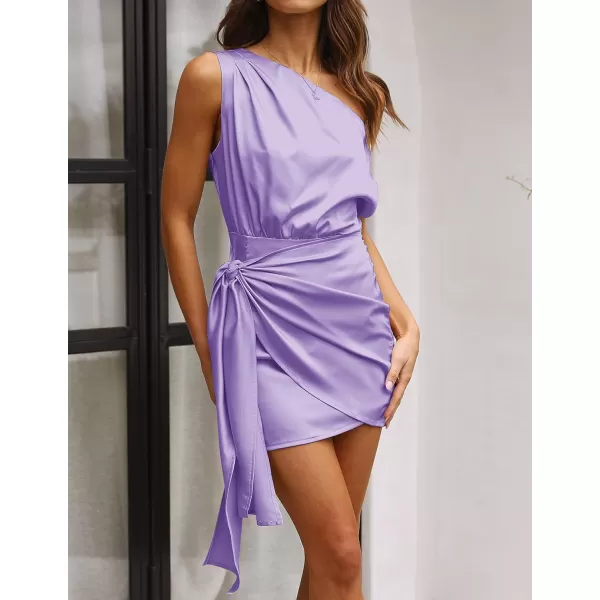 imageZESICA Womens 2024 Sexy Satin One Shoulder Sleeveless Ruched Tie Waist Wrap Bodycon Cocktail Party Mini DressPurple