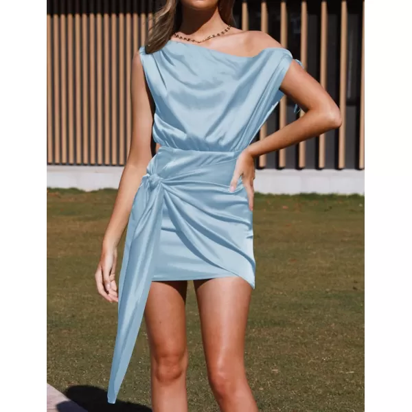 imageZESICA Womens 2024 Sexy Satin One Shoulder Sleeveless Ruched Tie Waist Wrap Bodycon Cocktail Party Mini DressSky Blue