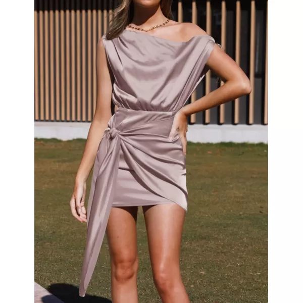 imageZESICA Womens 2024 Sexy Satin One Shoulder Sleeveless Ruched Tie Waist Wrap Bodycon Cocktail Party Mini DressTaro