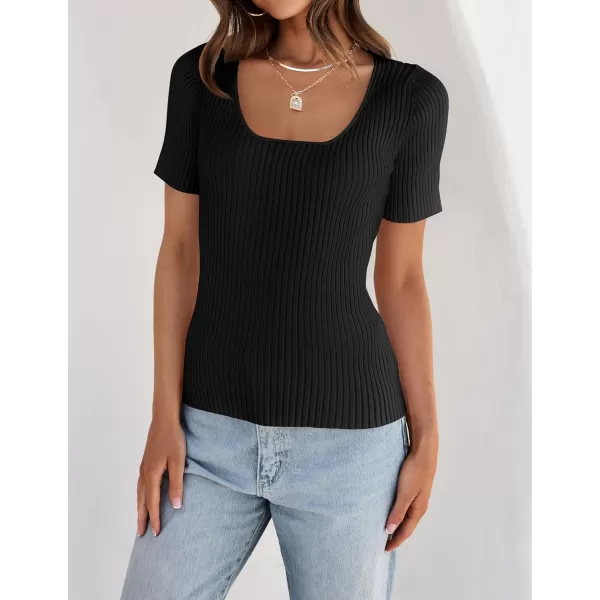 imageZESICA Womens 2024 Short Sleeve Square Neck T Shirts Slim Fitted Summer Ribbed Knit Basic Casual Tee TopsBlack