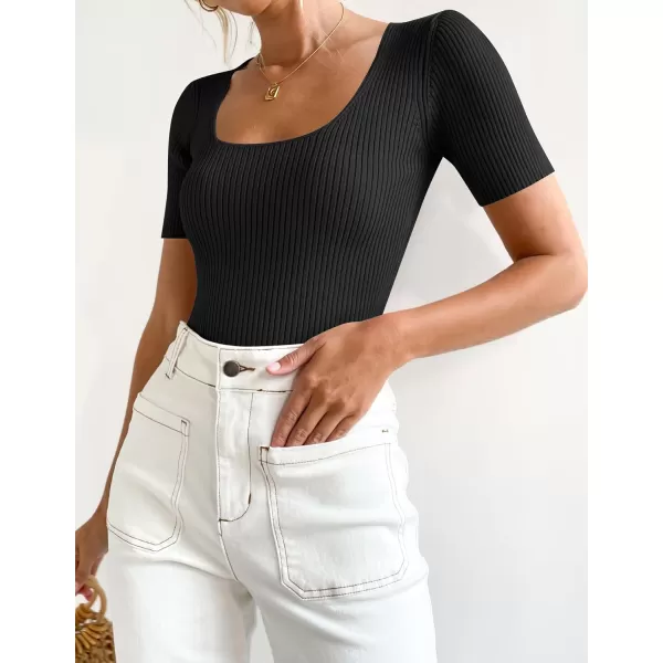 imageZESICA Womens 2024 Short Sleeve Square Neck T Shirts Slim Fitted Summer Ribbed Knit Basic Casual Tee TopsBlack