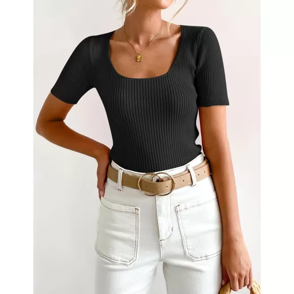 imageZESICA Womens 2024 Short Sleeve Square Neck T Shirts Slim Fitted Summer Ribbed Knit Basic Casual Tee TopsBlack