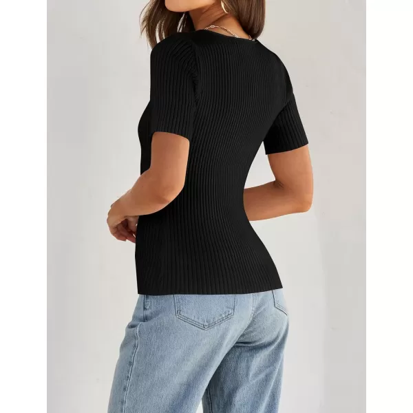 imageZESICA Womens 2024 Short Sleeve Square Neck T Shirts Slim Fitted Summer Ribbed Knit Basic Casual Tee TopsBlack