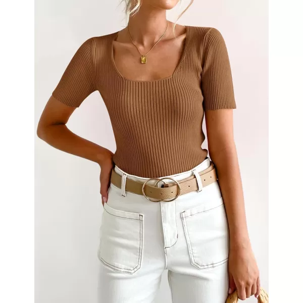 imageZESICA Womens 2024 Short Sleeve Square Neck T Shirts Slim Fitted Summer Ribbed Knit Basic Casual Tee TopsBrown
