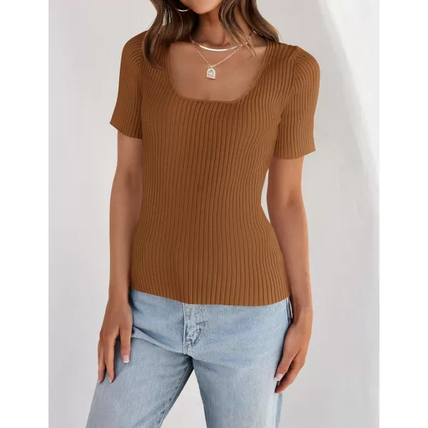 imageZESICA Womens 2024 Short Sleeve Square Neck T Shirts Slim Fitted Summer Ribbed Knit Basic Casual Tee TopsBrown