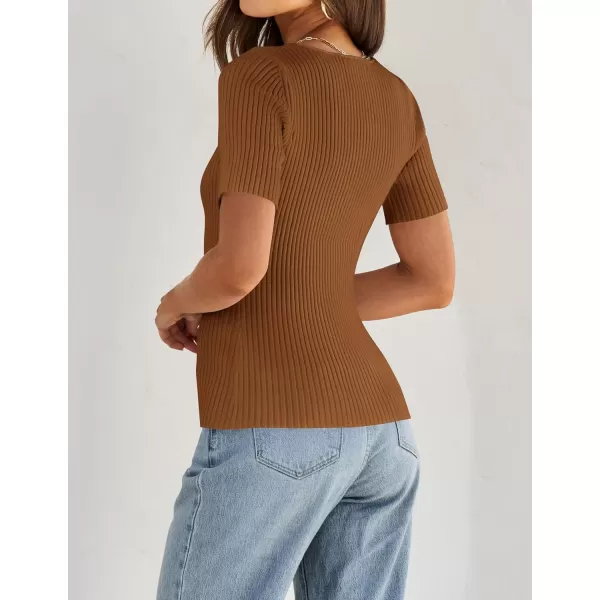 imageZESICA Womens 2024 Short Sleeve Square Neck T Shirts Slim Fitted Summer Ribbed Knit Basic Casual Tee TopsBrown