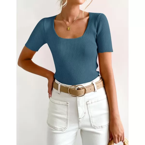 imageZESICA Womens 2024 Short Sleeve Square Neck T Shirts Slim Fitted Summer Ribbed Knit Basic Casual Tee TopsDarkblue