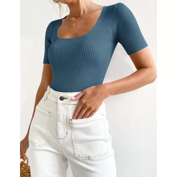 imageZESICA Womens 2024 Short Sleeve Square Neck T Shirts Slim Fitted Summer Ribbed Knit Basic Casual Tee TopsDarkblue