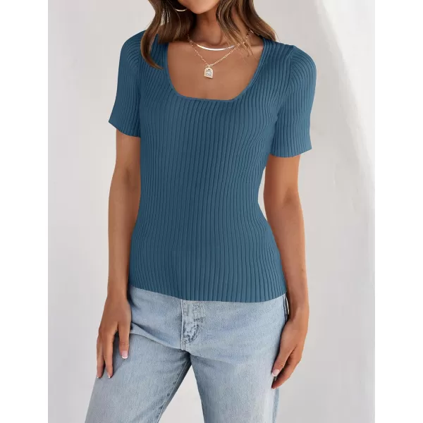 imageZESICA Womens 2024 Short Sleeve Square Neck T Shirts Slim Fitted Summer Ribbed Knit Basic Casual Tee TopsDarkblue