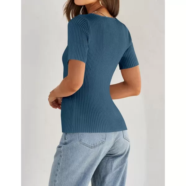 imageZESICA Womens 2024 Short Sleeve Square Neck T Shirts Slim Fitted Summer Ribbed Knit Basic Casual Tee TopsDarkblue