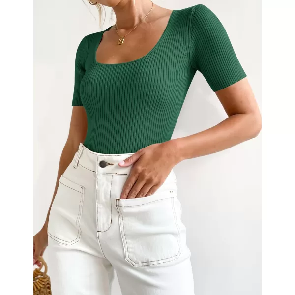 imageZESICA Womens 2024 Short Sleeve Square Neck T Shirts Slim Fitted Summer Ribbed Knit Basic Casual Tee TopsDarkgreen