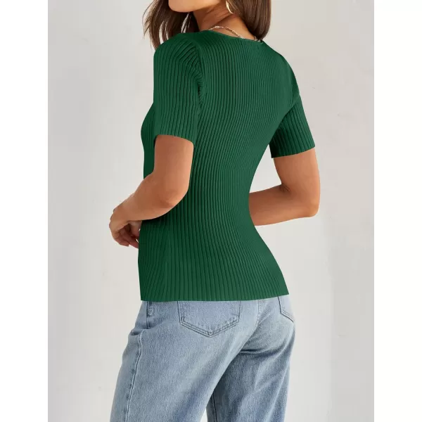 imageZESICA Womens 2024 Short Sleeve Square Neck T Shirts Slim Fitted Summer Ribbed Knit Basic Casual Tee TopsDarkgreen