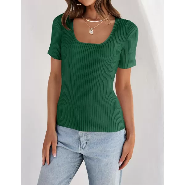 imageZESICA Womens 2024 Short Sleeve Square Neck T Shirts Slim Fitted Summer Ribbed Knit Basic Casual Tee TopsDarkgreen