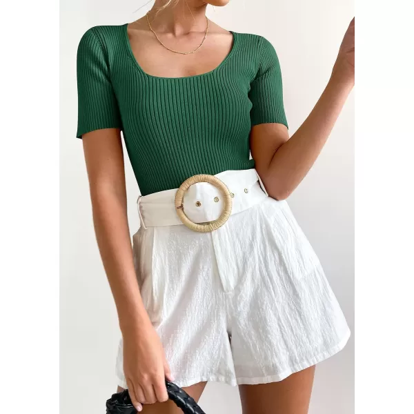 imageZESICA Womens 2024 Short Sleeve Square Neck T Shirts Slim Fitted Summer Ribbed Knit Basic Casual Tee TopsDarkgreen