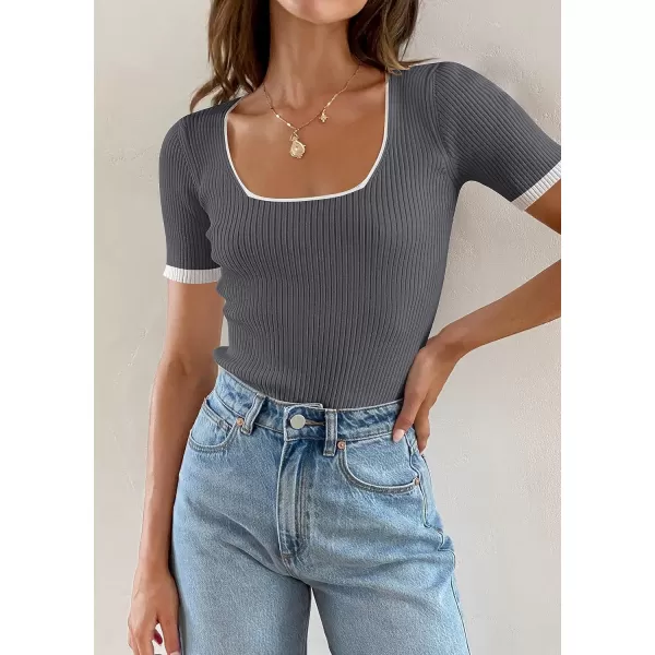 imageZESICA Womens 2024 Short Sleeve Square Neck T Shirts Slim Fitted Summer Ribbed Knit Basic Casual Tee TopsDarkgrey