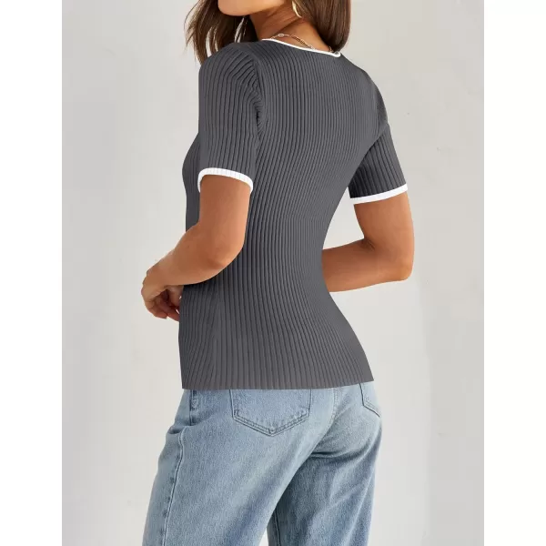 imageZESICA Womens 2024 Short Sleeve Square Neck T Shirts Slim Fitted Summer Ribbed Knit Basic Casual Tee TopsDarkgrey