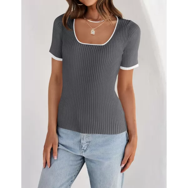 imageZESICA Womens 2024 Short Sleeve Square Neck T Shirts Slim Fitted Summer Ribbed Knit Basic Casual Tee TopsDarkgrey