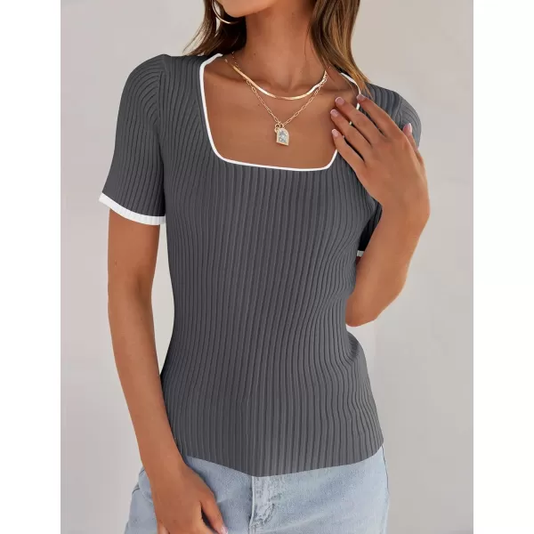 imageZESICA Womens 2024 Short Sleeve Square Neck T Shirts Slim Fitted Summer Ribbed Knit Basic Casual Tee TopsDarkgrey