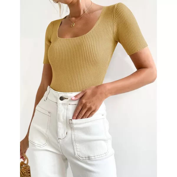 imageZESICA Womens 2024 Short Sleeve Square Neck T Shirts Slim Fitted Summer Ribbed Knit Basic Casual Tee TopsGinger