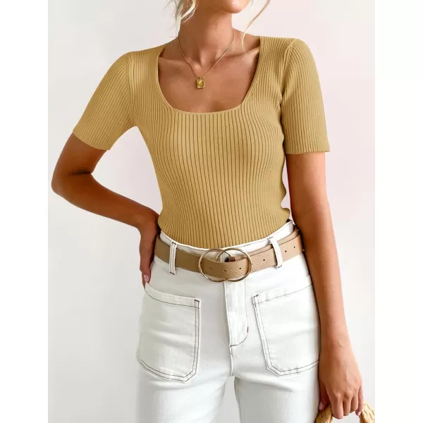 imageZESICA Womens 2024 Short Sleeve Square Neck T Shirts Slim Fitted Summer Ribbed Knit Basic Casual Tee TopsGinger