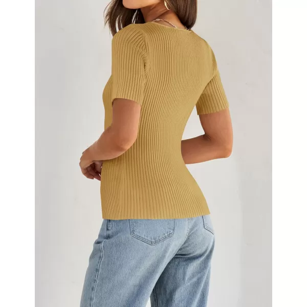 imageZESICA Womens 2024 Short Sleeve Square Neck T Shirts Slim Fitted Summer Ribbed Knit Basic Casual Tee TopsGinger