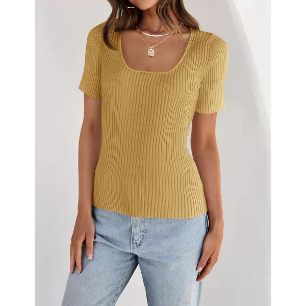 imageZESICA Womens 2024 Short Sleeve Square Neck T Shirts Slim Fitted Summer Ribbed Knit Basic Casual Tee TopsGinger