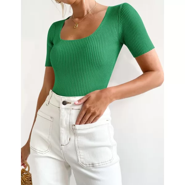 imageZESICA Womens 2024 Short Sleeve Square Neck T Shirts Slim Fitted Summer Ribbed Knit Basic Casual Tee TopsGreen