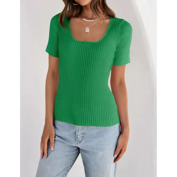 imageZESICA Womens 2024 Short Sleeve Square Neck T Shirts Slim Fitted Summer Ribbed Knit Basic Casual Tee TopsGreen