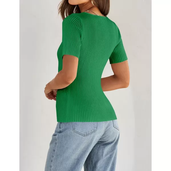 imageZESICA Womens 2024 Short Sleeve Square Neck T Shirts Slim Fitted Summer Ribbed Knit Basic Casual Tee TopsGreen