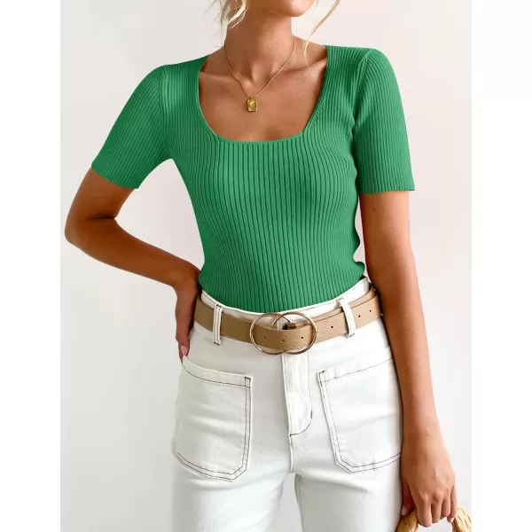 imageZESICA Womens 2024 Short Sleeve Square Neck T Shirts Slim Fitted Summer Ribbed Knit Basic Casual Tee TopsGreen