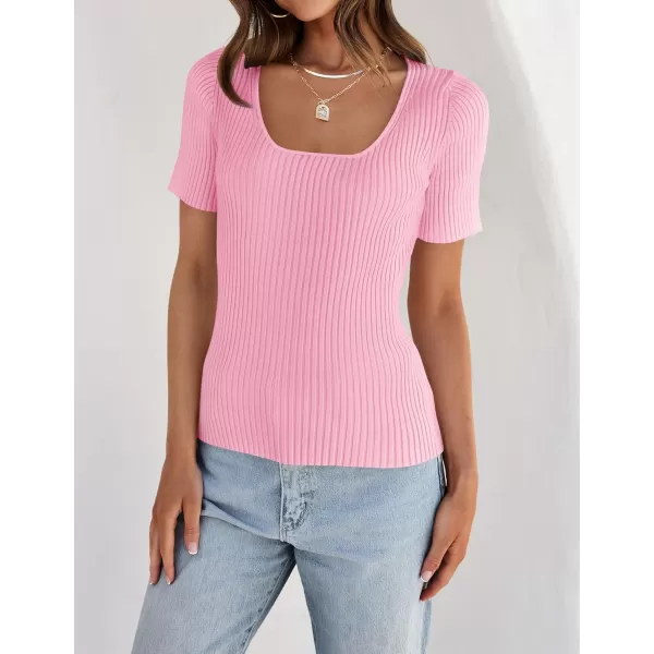imageZESICA Womens 2024 Short Sleeve Square Neck T Shirts Slim Fitted Summer Ribbed Knit Basic Casual Tee TopsHotpink
