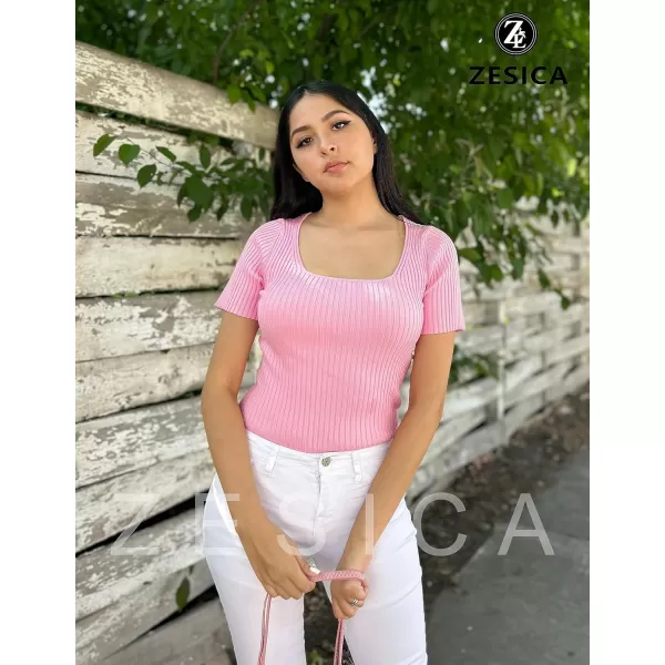 imageZESICA Womens 2024 Short Sleeve Square Neck T Shirts Slim Fitted Summer Ribbed Knit Basic Casual Tee TopsHotpink