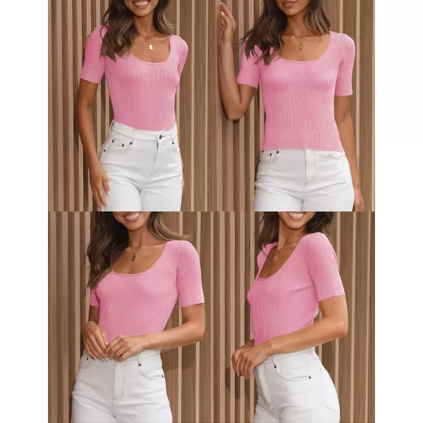 imageZESICA Womens 2024 Short Sleeve Square Neck T Shirts Slim Fitted Summer Ribbed Knit Basic Casual Tee TopsHotpink