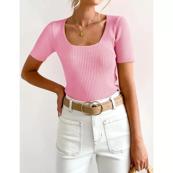 imageZESICA Womens 2024 Short Sleeve Square Neck T Shirts Slim Fitted Summer Ribbed Knit Basic Casual Tee TopsHotpink