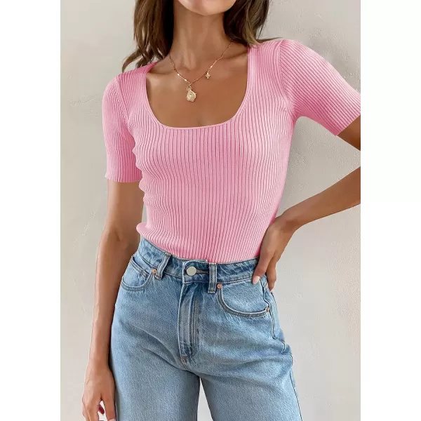 imageZESICA Womens 2024 Short Sleeve Square Neck T Shirts Slim Fitted Summer Ribbed Knit Basic Casual Tee TopsHotpink