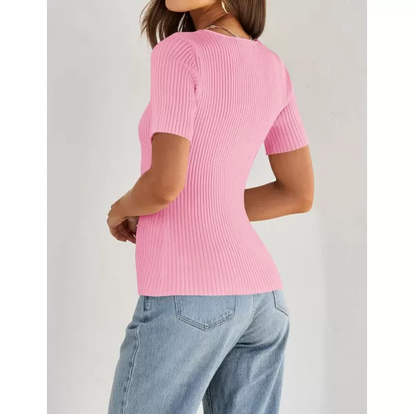 imageZESICA Womens 2024 Short Sleeve Square Neck T Shirts Slim Fitted Summer Ribbed Knit Basic Casual Tee TopsHotpink