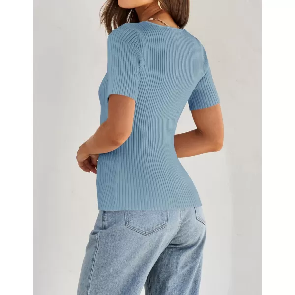 imageZESICA Womens 2024 Short Sleeve Square Neck T Shirts Slim Fitted Summer Ribbed Knit Basic Casual Tee TopsLightblue