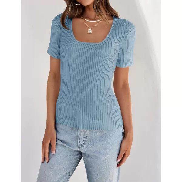 imageZESICA Womens 2024 Short Sleeve Square Neck T Shirts Slim Fitted Summer Ribbed Knit Basic Casual Tee TopsLightblue