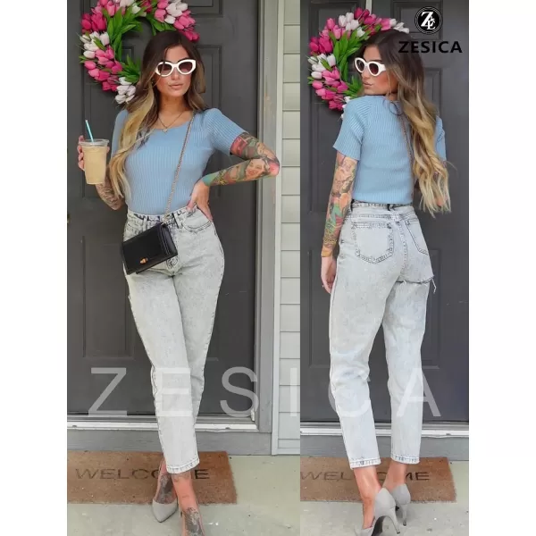 imageZESICA Womens 2024 Short Sleeve Square Neck T Shirts Slim Fitted Summer Ribbed Knit Basic Casual Tee TopsLightblue