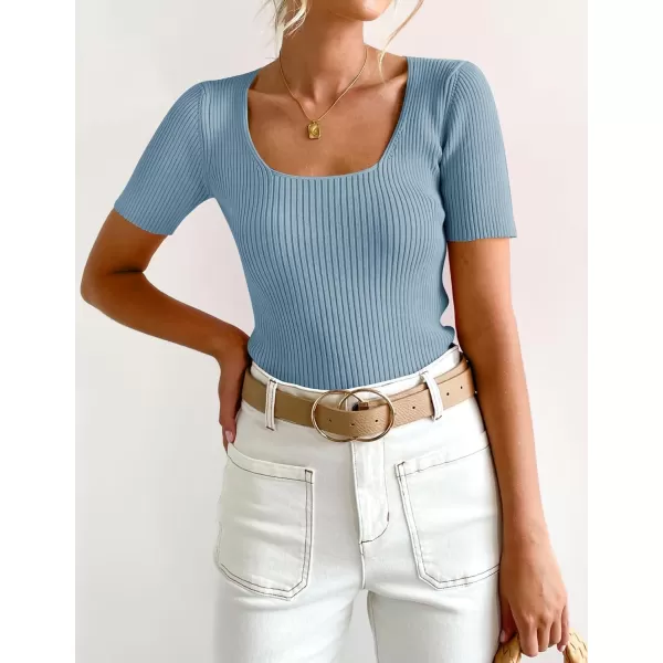 imageZESICA Womens 2024 Short Sleeve Square Neck T Shirts Slim Fitted Summer Ribbed Knit Basic Casual Tee TopsLightblue