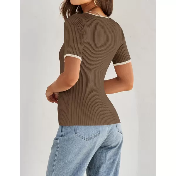 imageZESICA Womens 2024 Short Sleeve Square Neck T Shirts Slim Fitted Summer Ribbed Knit Basic Casual Tee TopsMocha