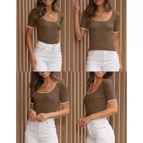imageZESICA Womens 2024 Short Sleeve Square Neck T Shirts Slim Fitted Summer Ribbed Knit Basic Casual Tee TopsMocha