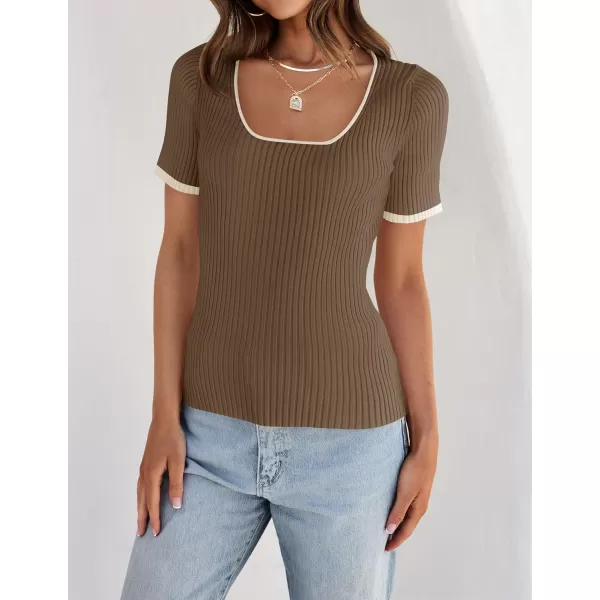 imageZESICA Womens 2024 Short Sleeve Square Neck T Shirts Slim Fitted Summer Ribbed Knit Basic Casual Tee TopsMocha