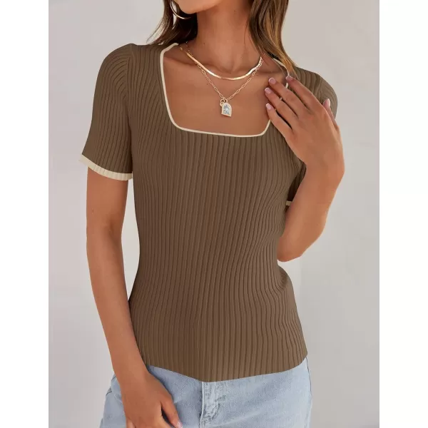 imageZESICA Womens 2024 Short Sleeve Square Neck T Shirts Slim Fitted Summer Ribbed Knit Basic Casual Tee TopsMocha