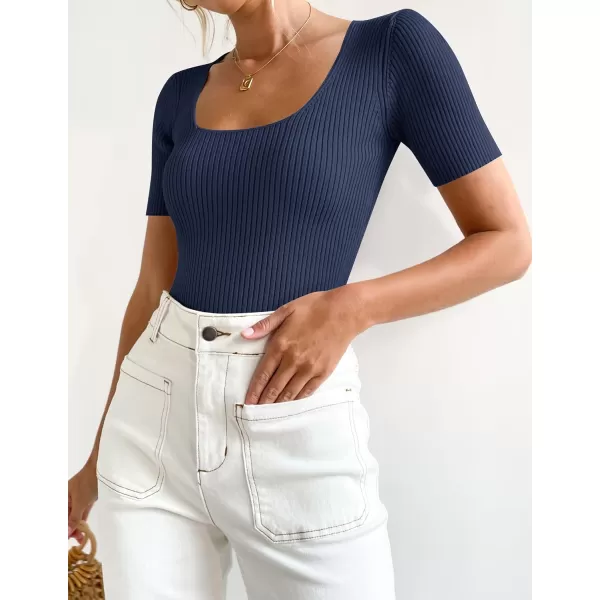 imageZESICA Womens 2024 Short Sleeve Square Neck T Shirts Slim Fitted Summer Ribbed Knit Basic Casual Tee TopsNavy