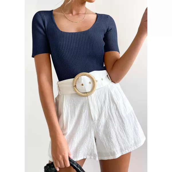 imageZESICA Womens 2024 Short Sleeve Square Neck T Shirts Slim Fitted Summer Ribbed Knit Basic Casual Tee TopsNavy